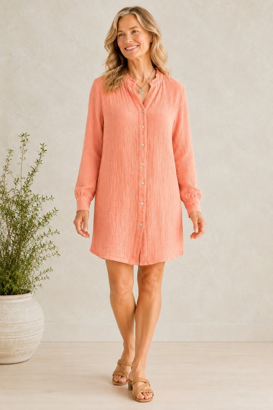 Soft Surroundings XL Coral Cotton Gauze Tunic Dress Button Front Boho Beachy